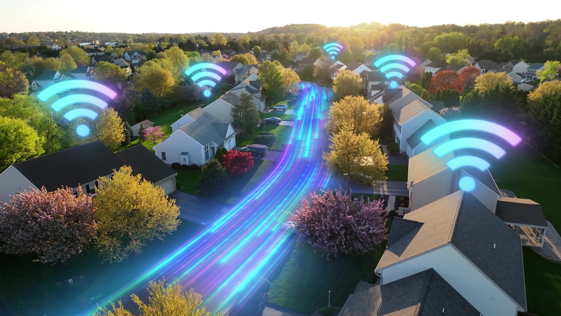 An aerial view of a neighborhood with the Wi-Fi signal hovering over the homes. There are trees along the street.